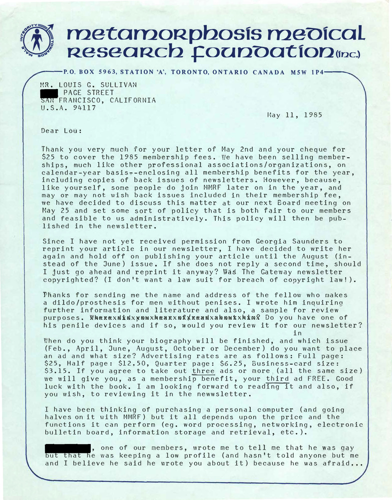 Download the full-sized PDF of Correspondence from Rupert Raj to Lou Sullivan (May 11, 1985)
