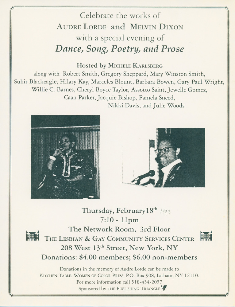Download the full-sized PDF of Leaflet for Event Celebrating The Works of Audre Lorde and Melvin Dixon