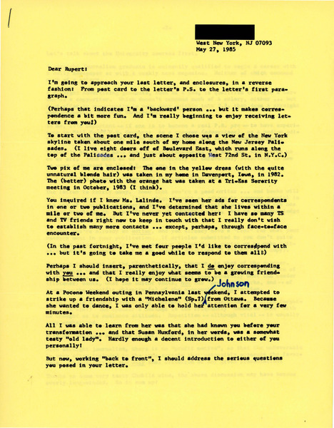Download the full-sized image of Letter from Jana Thompson to Rupert Raj (May 27, 1985)