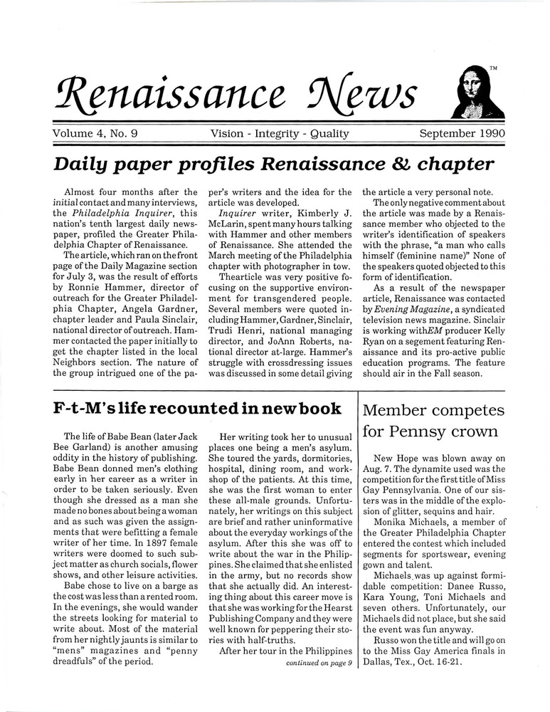 Download the full-sized PDF of Renaissance News, Vol. 4 No. 9 (September 1990)