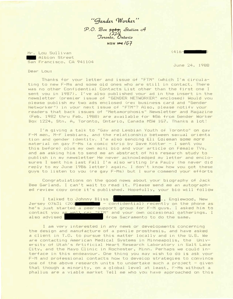 Download the full-sized PDF of Correspondence from Rupert Raj to Lou Sullivan (June 24, 1988)