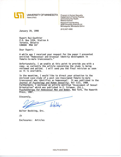 Download the full-sized image of Letter from Walter Bockting to Rupert Raj (January 19, 1990)