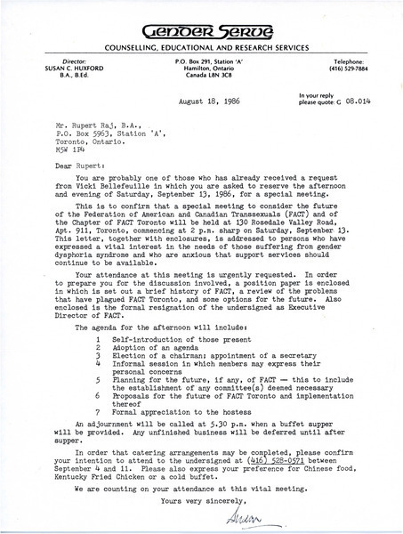 Download the full-sized image of Letter from Susan C. Huxford to Rupert Raj (August 18, 1986)