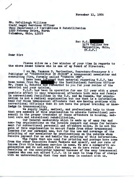 Download the full-sized image of Letter from Vanessa D. Meriweather (November 11, 1986)