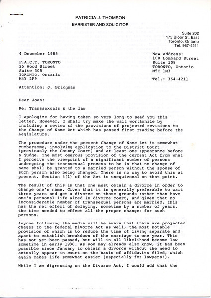 Download the full-sized image of Letter from Patricia Thomson to Joan Bridgman (December 4, 1985)