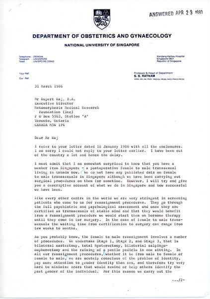 Download the full-sized image of Letter from S.S. Ratnam to Rupert Raj (March 31, 1986)