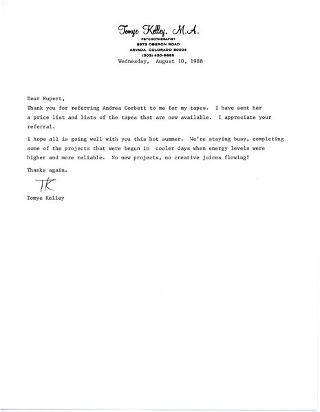 Download the full-sized image of Letter From Tomye Kelley to Rupert Raj (August 10, 1988)