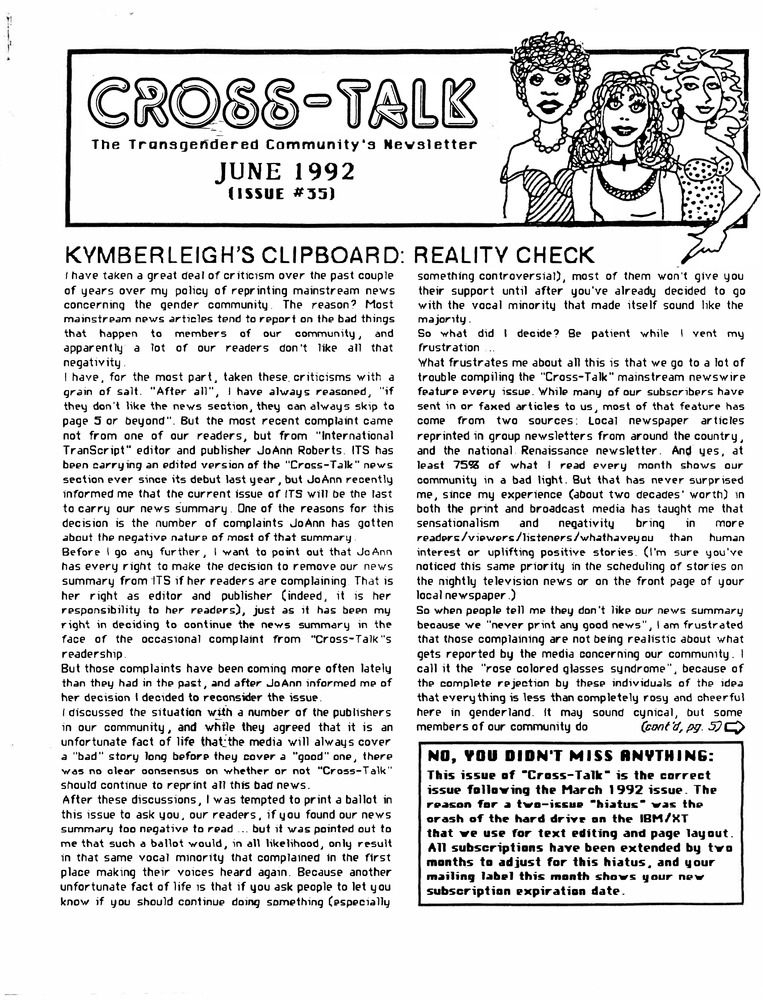 Download the full-sized PDF of Cross-Talk: The Transgender Community News & Information Monthly, No. 35 (June, 1992)
