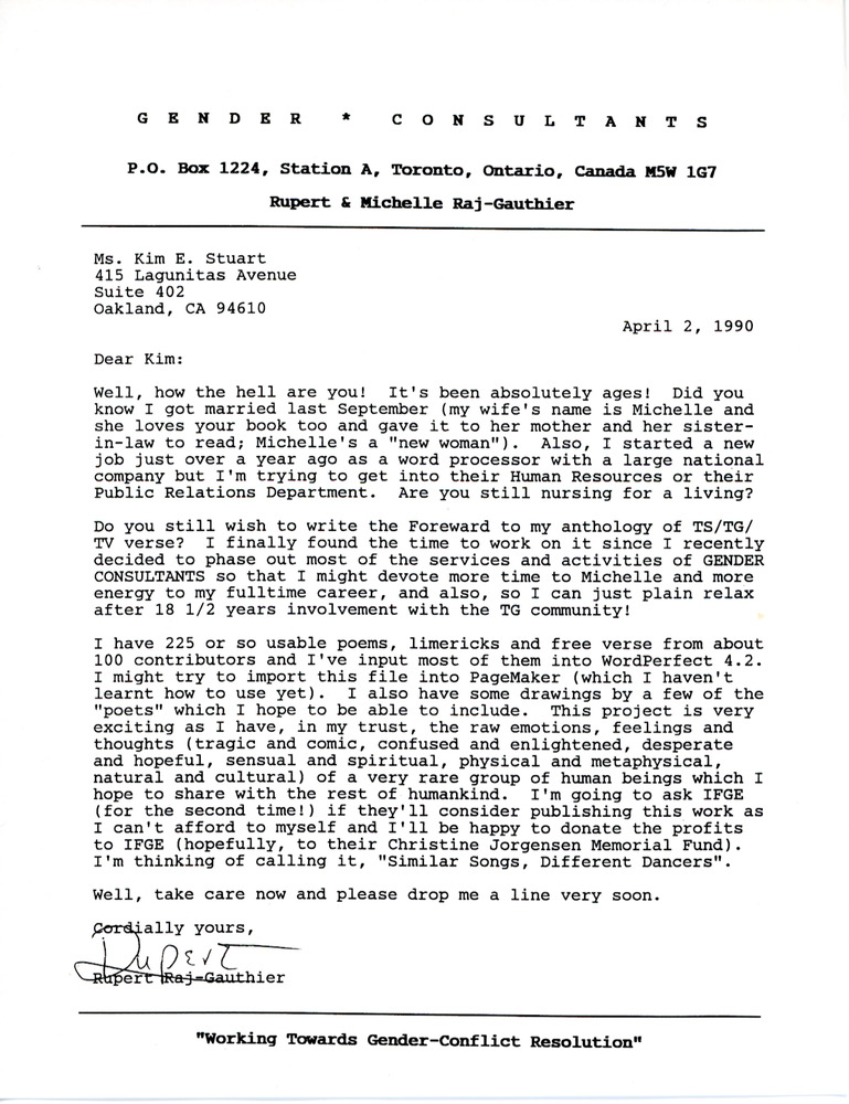 Download the full-sized PDF of Letter from Rupert Raj and Michelle Raj to Kim E. Stuart (April 2, 1990)