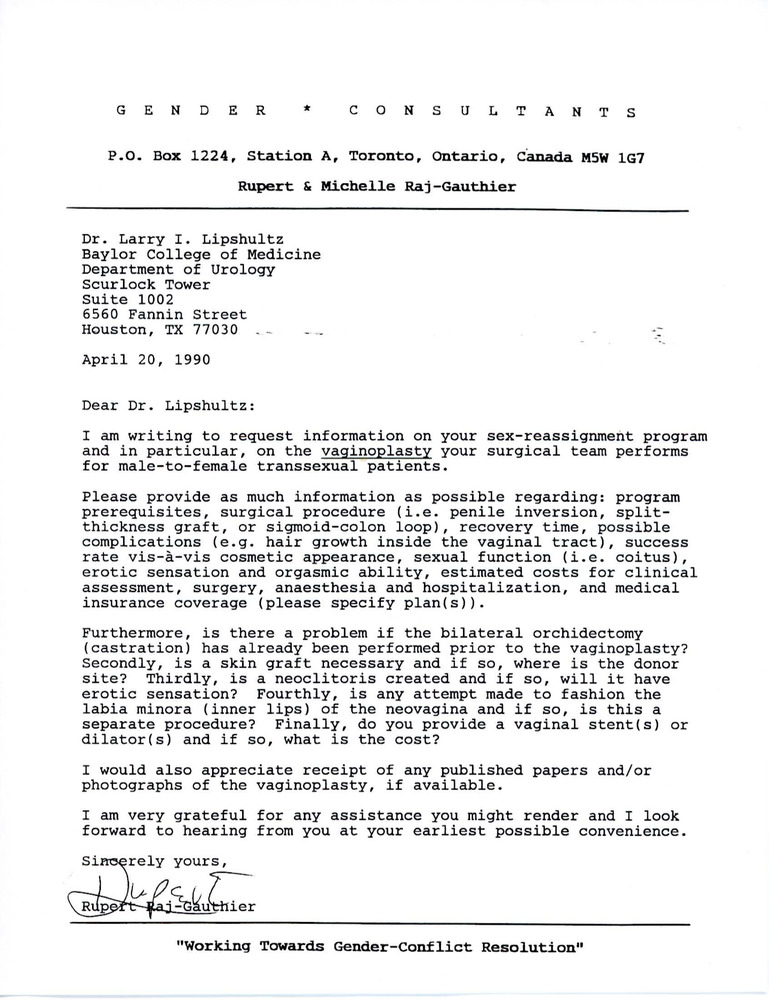 Download the full-sized PDF of Letter from Rupert Raj to Dr. Larry Lipshultz (April 20, 1990)