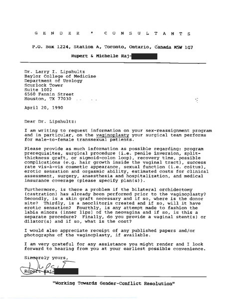 Download the full-sized image of Letter from Rupert Raj to Dr. Larry Lipshultz (April 20, 1990)