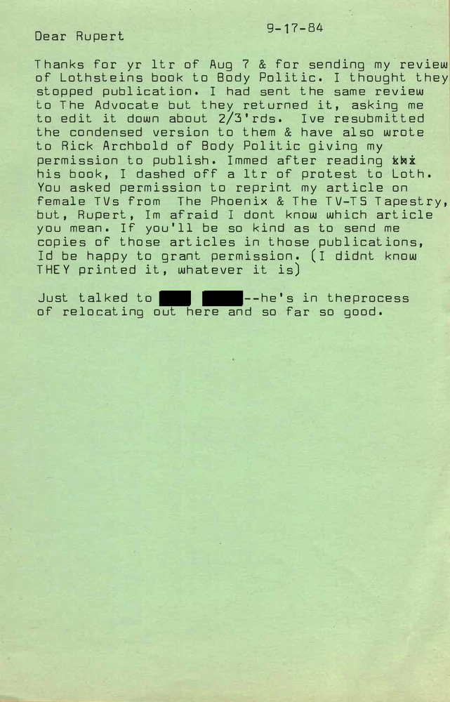 Download the full-sized PDF of Correspondence from Lou Sullivan to Rupert Raj (September 17, 1984)