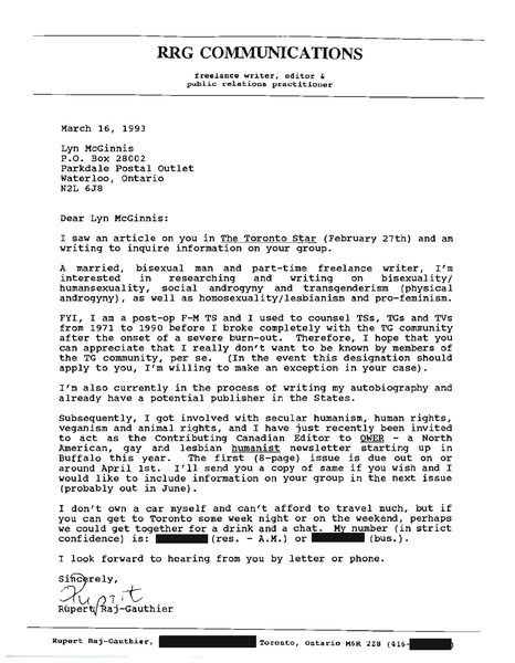 Download the full-sized PDF of Letter from Rupert Raj to Lyn McGinnis (March 16, 1993)