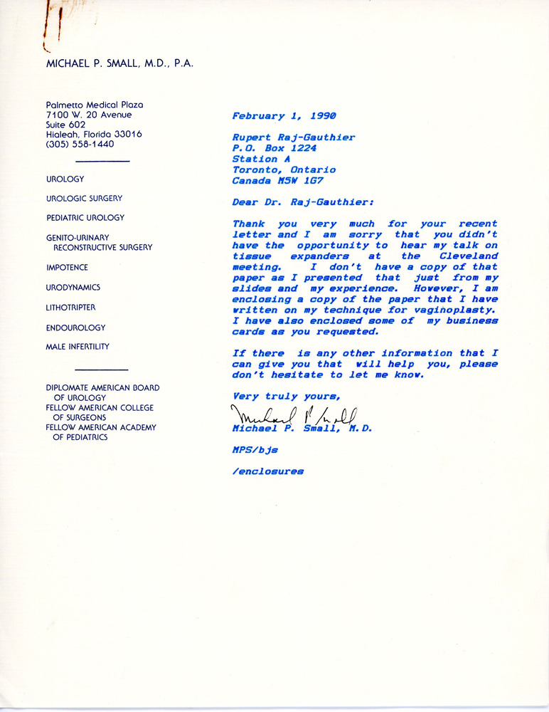Download the full-sized PDF of Letter to Rupert Raj from Dr. Michael P. Small with Surgical Article (February 1, 1990)