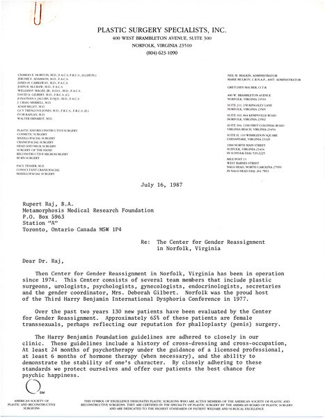 Download the full-sized image of Letter from Dr. David A. Gilbert to Rupert Raj (July 16th, 1987)