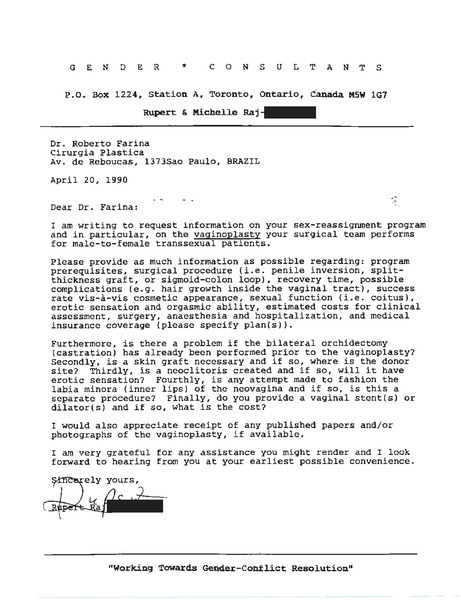 Download the full-sized image of Letter from Rupert Raj to Dr. Roberto Farina (April 20, 1990)