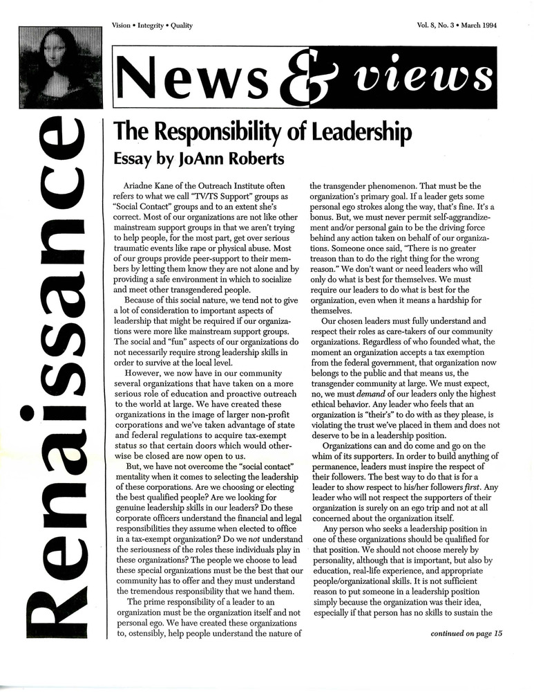 Download the full-sized PDF of Renaissance News & Views, Vol. 8 No. 3 (March 1994)