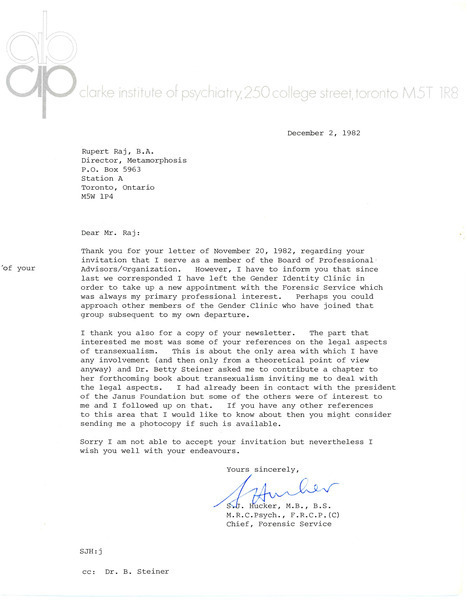 Download the full-sized image of Letter from S.J. Hucker to Rupert Raj (December 2, 1982)