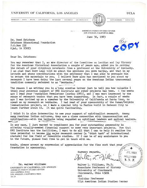 Download the full-sized image of Letter from Dr. Walter L. Williams to Rupert Raj (June 30, 1983)