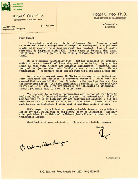 Download the full-sized image of Letters From Roger E. Peo to Rupert Raj (1992)