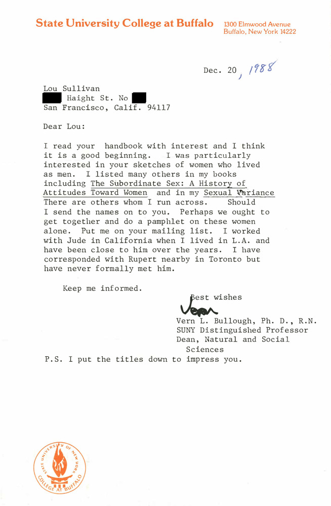 Download the full-sized PDF of Correspondence from Vern Bullough to Lou Sullivan (December 20, 1988)