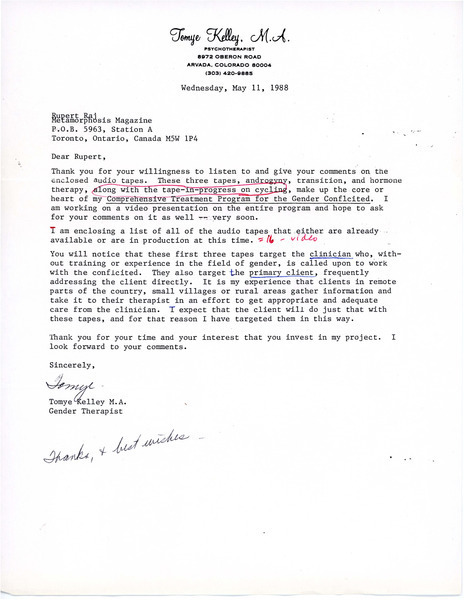 Download the full-sized image of Letter from Tomye Kelley to Rupert Raj (May 11, 1988)