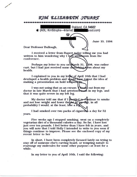 Download the full-sized image of Letter from Kim Elizabeth Stuart to Professor Bullough (June 6, 1994)