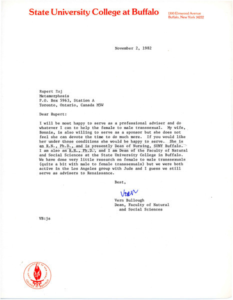 Download the full-sized image of Letter from Vern Bullough to Rupert Raj (November 2, 1982)