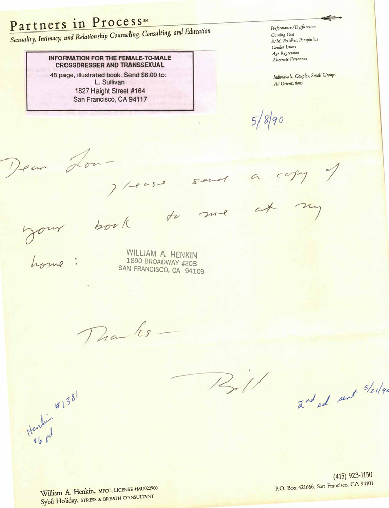 Download the full-sized PDF of Correspondence from William Henkin to Lou Sullivan (May 8, 1990)