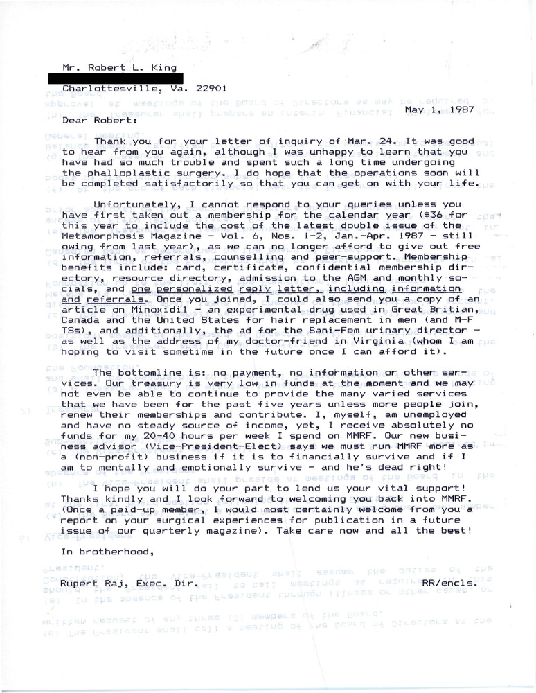 Download the full-sized PDF of Letter from Rupert Raj to Robert L. King (May 1, 1987)