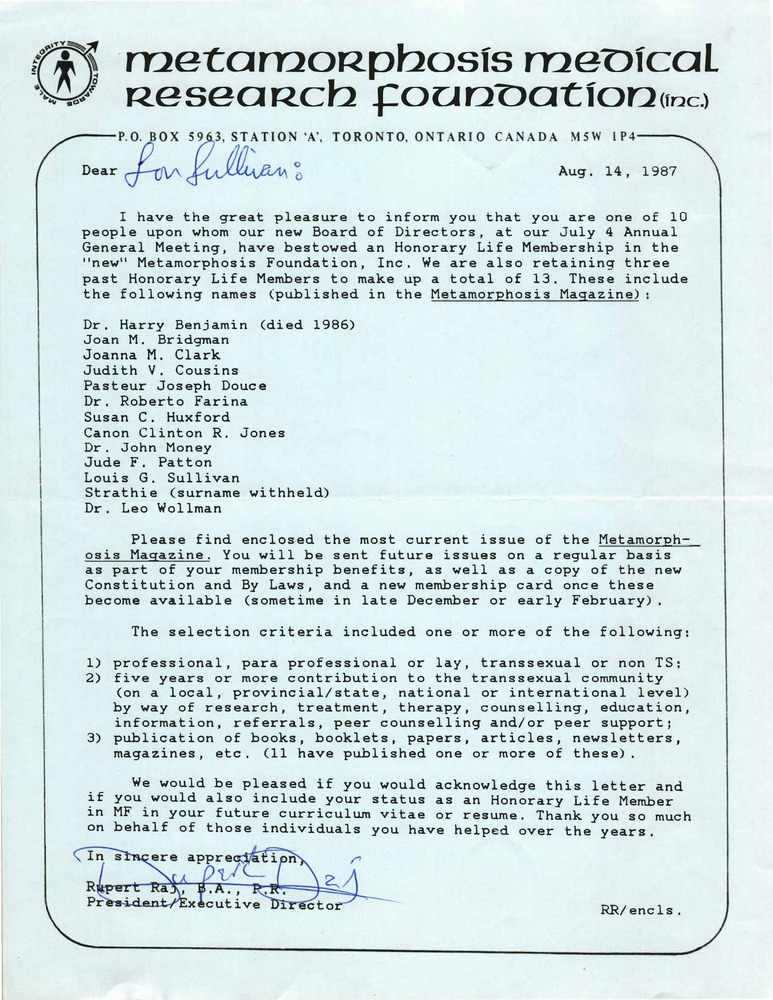 Download the full-sized PDF of Correspondence from Rupert Raj to Lou Sullivan (August 14, 1987)