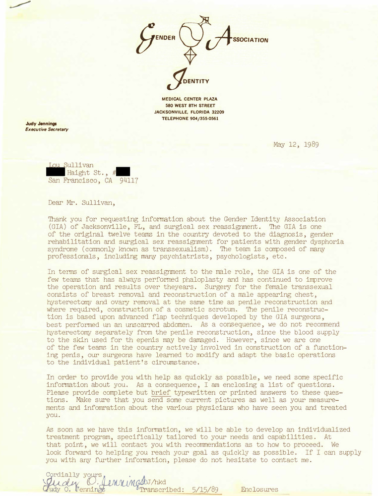 Download the full-sized PDF of Correspondence from Judy Jennings to Lou Sullivan (May 12, 1989)
