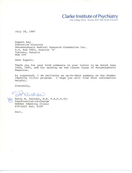 Download the full-sized image of Letter from Betty W. Steiner to Rupert Raj (July 10, 1987)