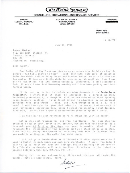 Download the full-sized image of Letter from Susan C. Huxford to Rupert Raj (June 21, 1988)