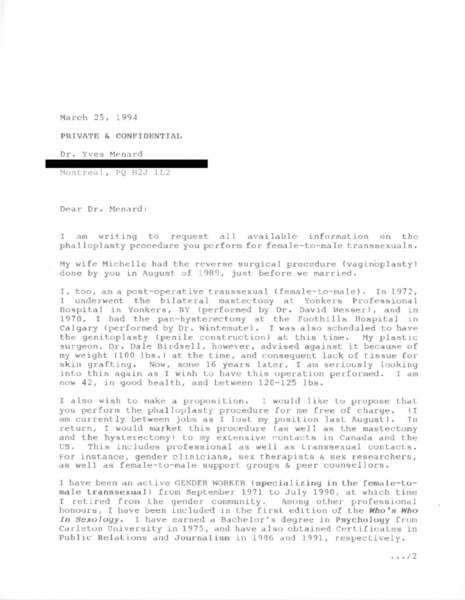 Download the full-sized image of Letter from Rupert Raj to Dr. Yves Menard (March 25, 1994)