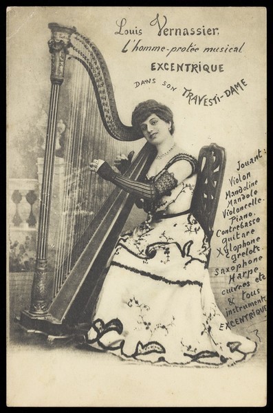 Download the full-sized image of Louis Vernassier in drag poses with a harp. Process print, 1906.