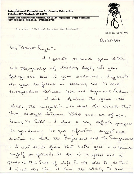 Download the full-sized image of Letter from Dr. Shiela Kirk to Rupert Raj (November 25, 1992)