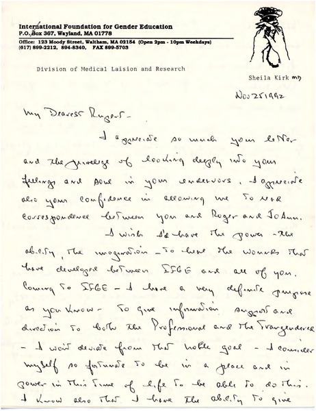 Download the full-sized image of Letter from Dr. Shiela Kirk to Rupert Raj (November 25, 1992)