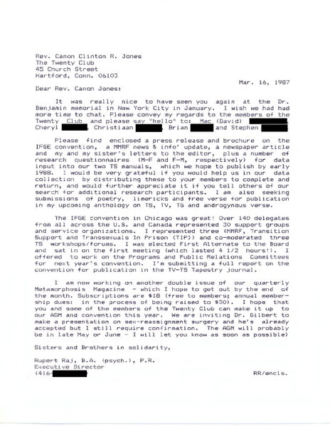 Download the full-sized PDF of Letter from Rupert Raj to Rev. Canon Jones (March 16, 1987)