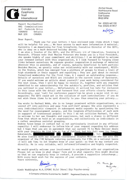 Download the full-sized image of Letter from Aimée Waddington to Rupert Raj (May 24, 1994)