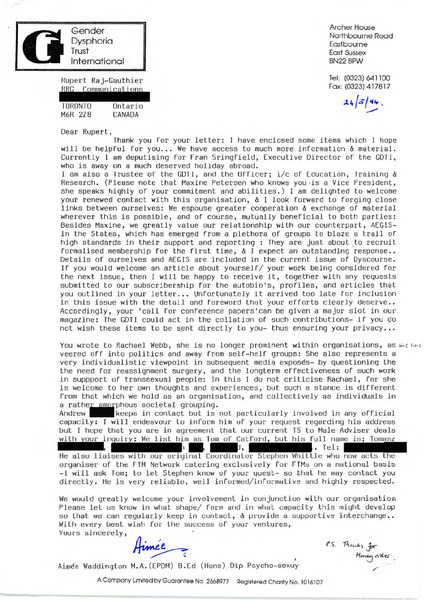 Download the full-sized image of Letter from Aimée Waddington to Rupert Raj (May 24, 1994)