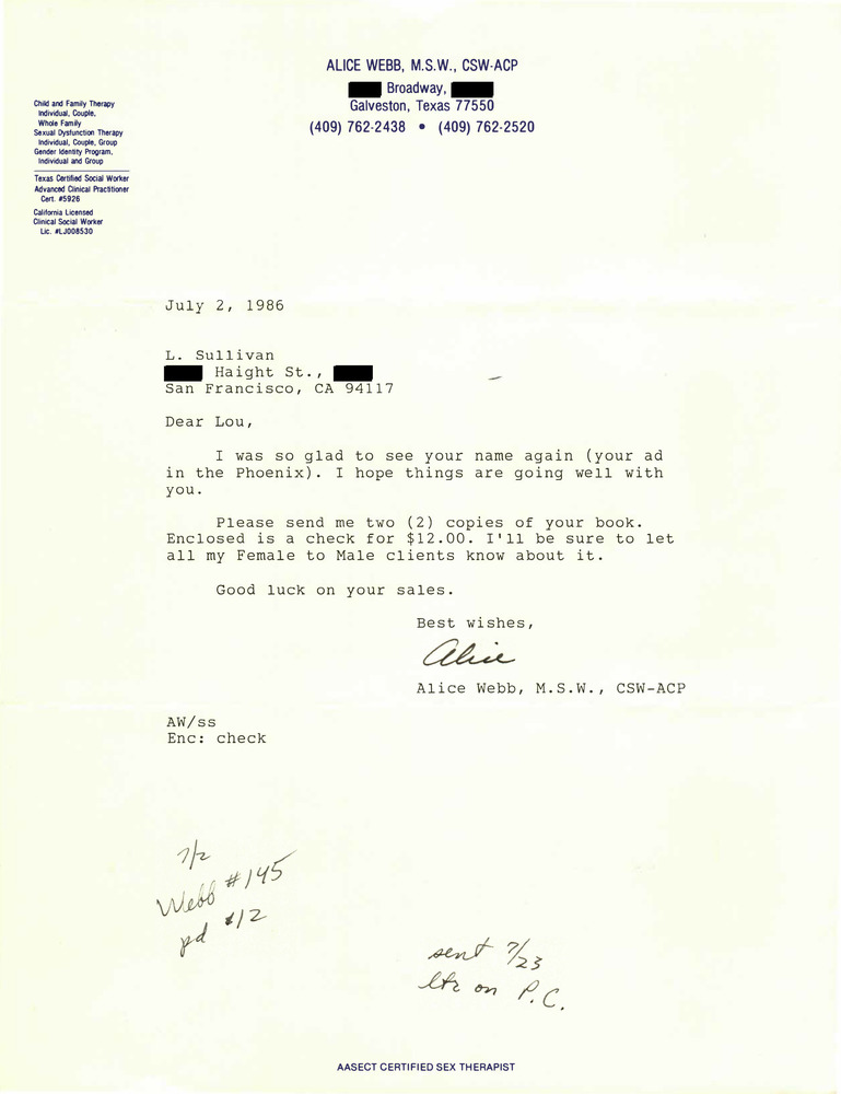 Download the full-sized PDF of Correspondence from Alice Webb to Lou Sullivan (July 1989)
