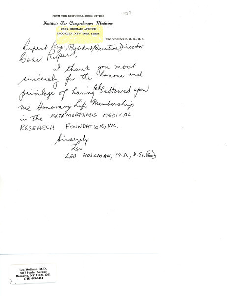 Download the full-sized image of Letter from Leo Wollman to Rupert Raj (1988)