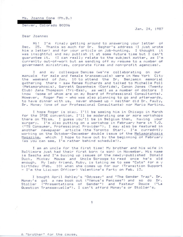 Download the full-sized PDF of Letter from Rupert Raj to Joanne Cone (January 24, 1987)