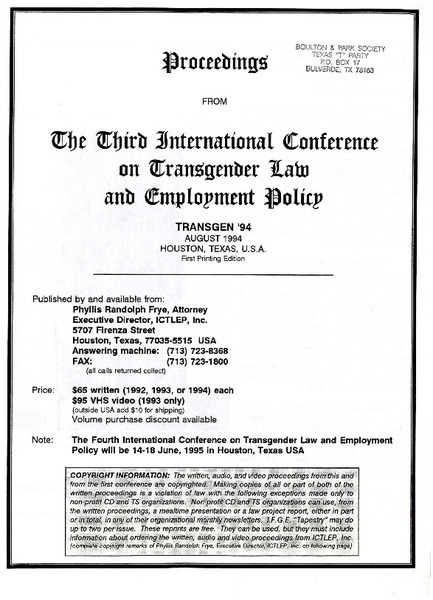 Download the full-sized image of Proceedings from the International Conference on Transgender Law and Employment Policy (August, 1994)