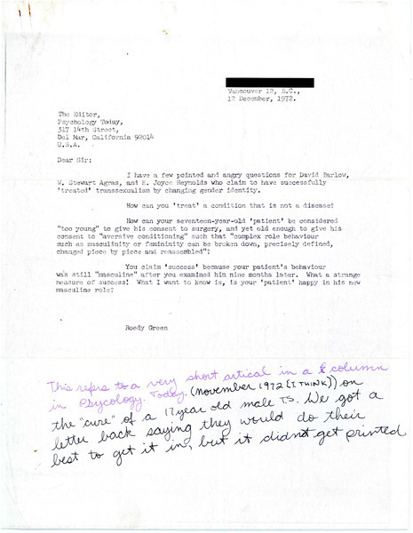 Download the full-sized image of Letter from Roedy Green to the Editiors of Psychology Today (December 12, 1972)