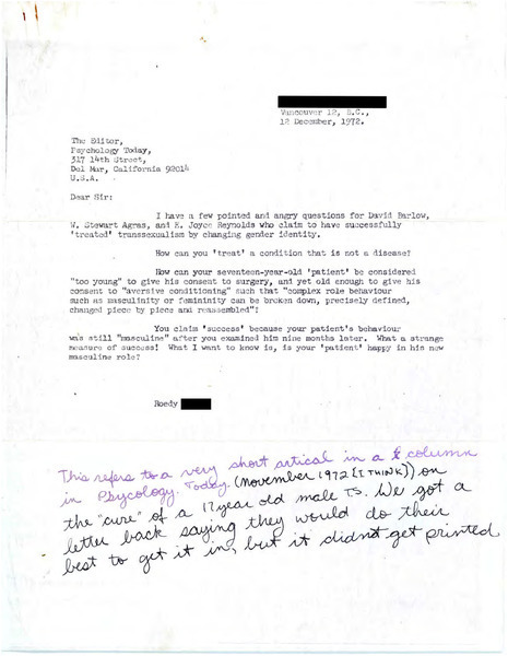 Download the full-sized image of Letter from Roedy to the Editiors of Psychology Today (December 12, 1972)