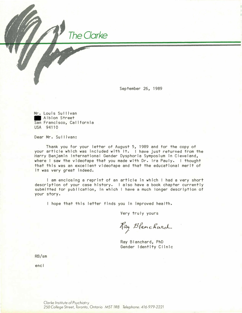Download the full-sized PDF of Correspondence from Ray Blanchard to Lou Sullivan (September 26, 1989)