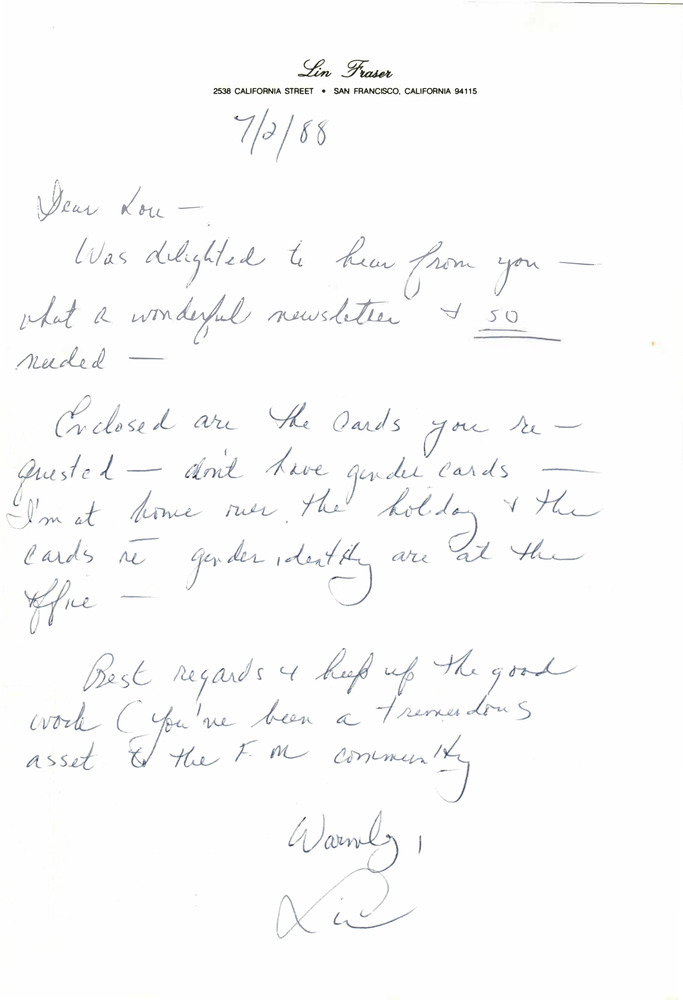 Download the full-sized PDF of Correspondence from Lin Fraser to Lou Sullivan (July 2, 1988)