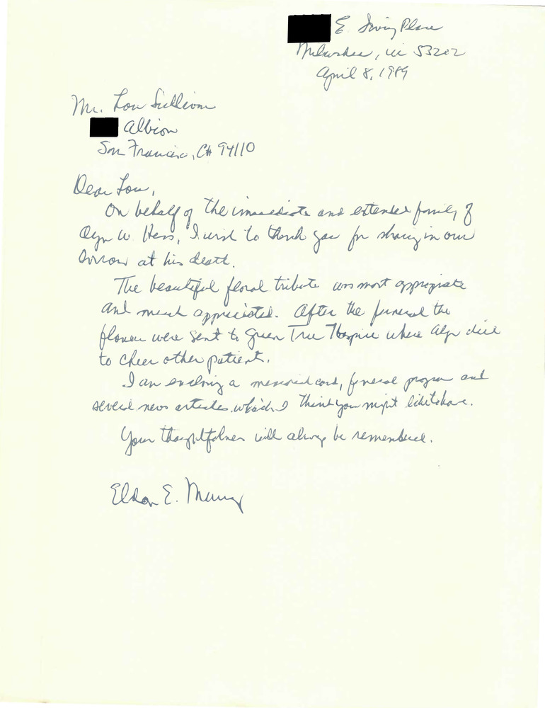 Download the full-sized PDF of Correspondence from Eldon Murray to Lou Sullivan (April 8, 1989)
